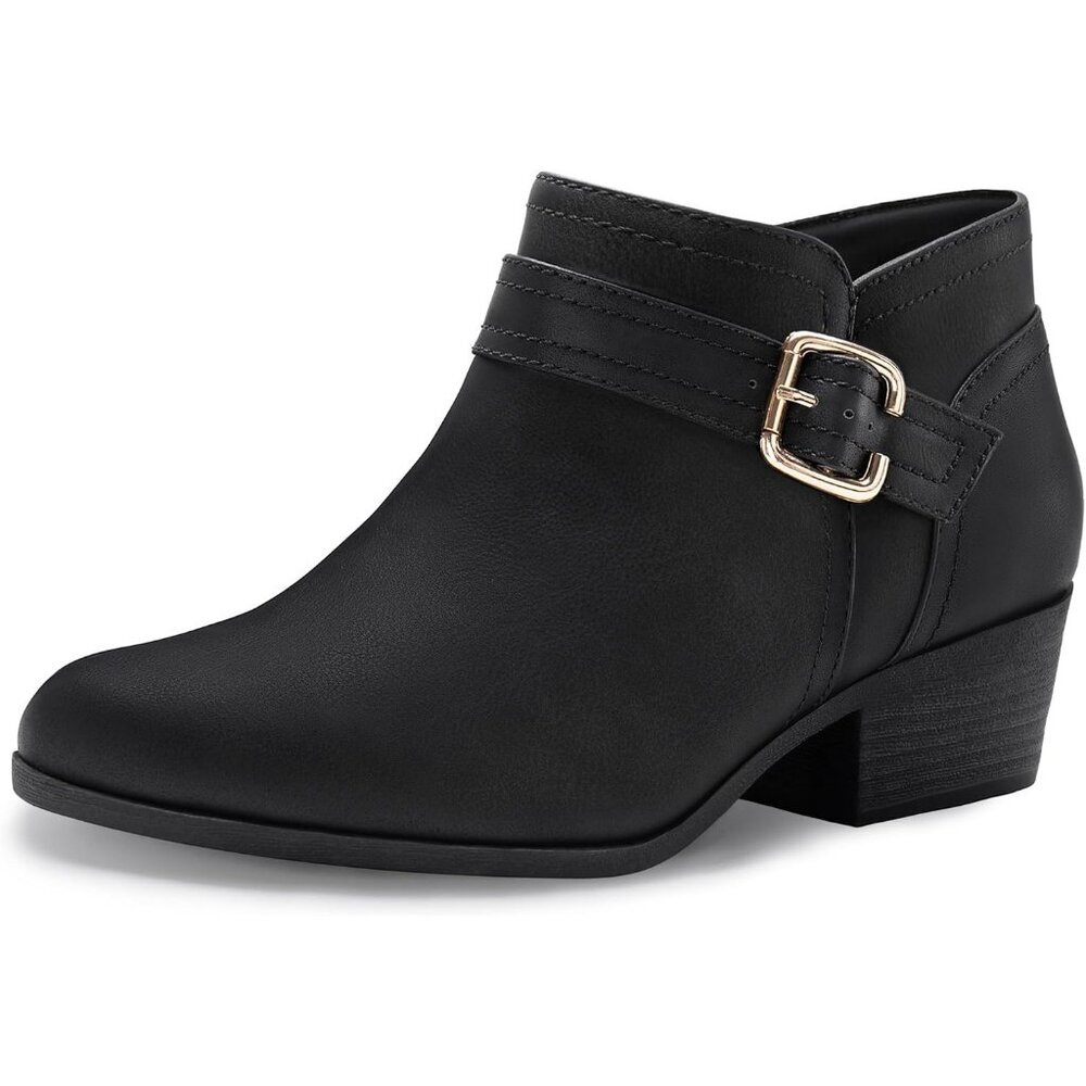 Women's Chunky Low Heel Ankle Boots Pointed Toe Side Zipper Booties Black